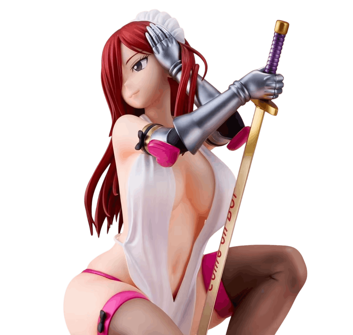 Figurine Erza Scarlet Fairy Tail de trois quarts : longue épée à poignée violette et gantelets d'armure