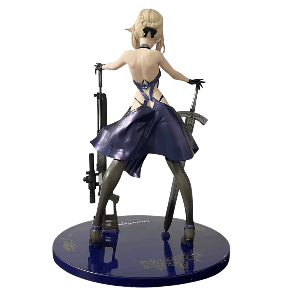 Fate Altria Alter figure 25 cm rear view: backless navy dress with fine crossed straps and weapons laid on the base