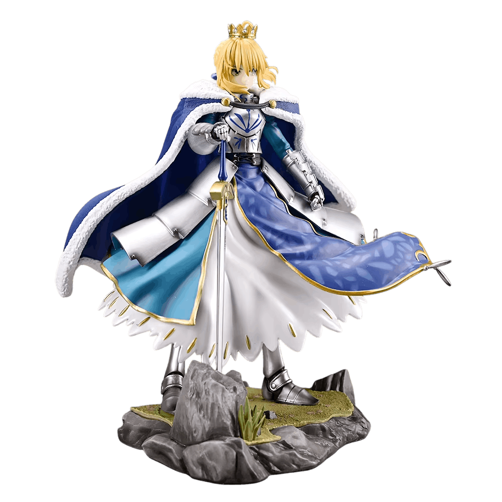 Fate Artoria Pendragon figure 27 cm from the front: gold circlet, white and blue dress with gold trim, steel gauntlets and greaves