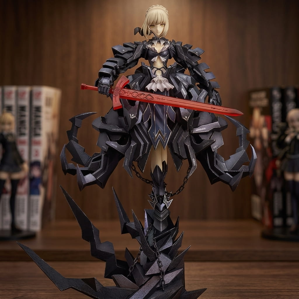 Fate Saber Alter figure 23 cm in plated black armour, blood-red sword held horizontally, on a base of sharp spikes, on a shelf (decor not included)