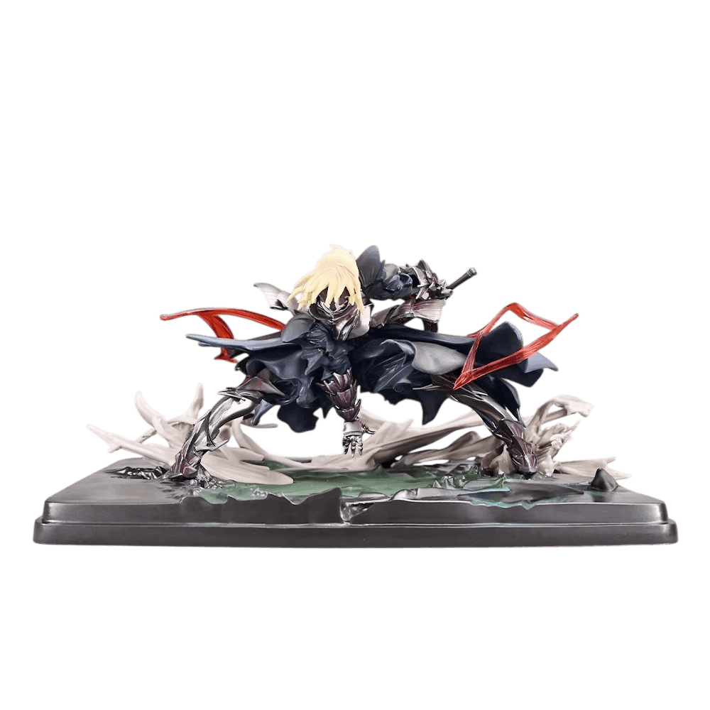Fate Saber Alter diorama 15 cm from the front: black cloak flying above the back, dark armour, white thorns and red shards on either side