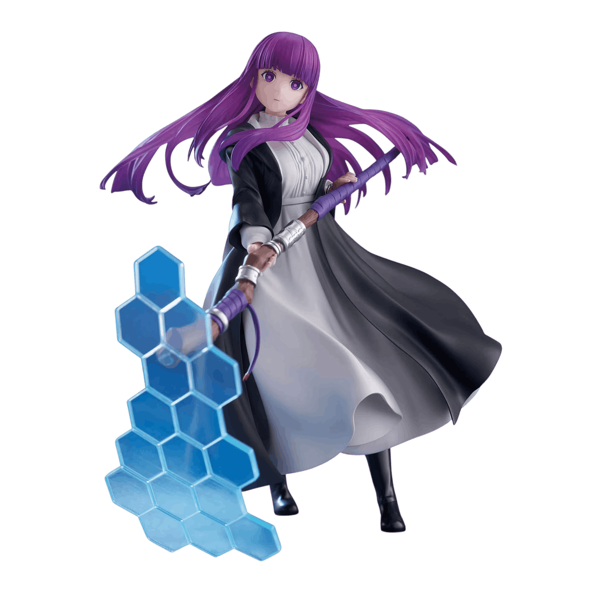 Fern figure 19 cm, purple hair in the wind, black robe with a pale front, staff across the body in front of a wall of translucent blue hexagonal panels