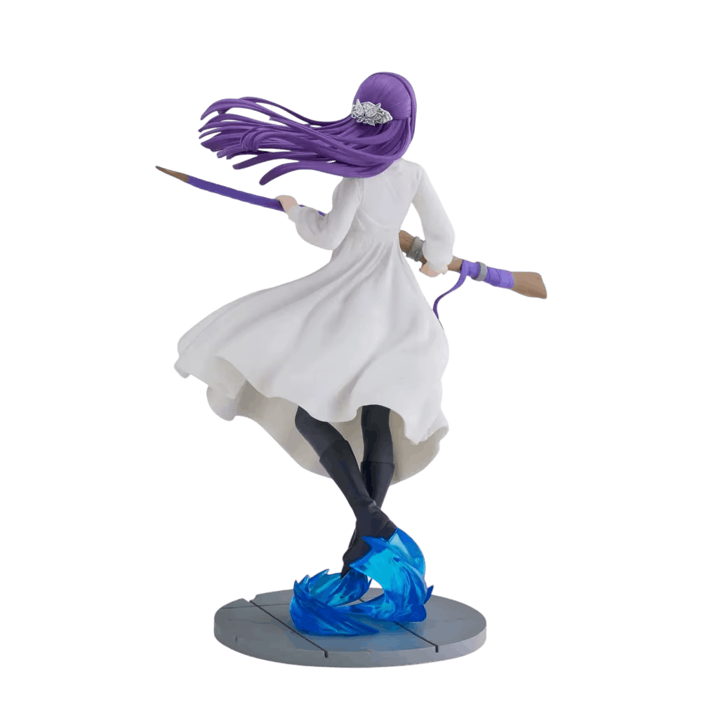 Figurine Fern Sousou no Frieren de dos : barrette papillon argentée, robe blanche et vague bleue translucide