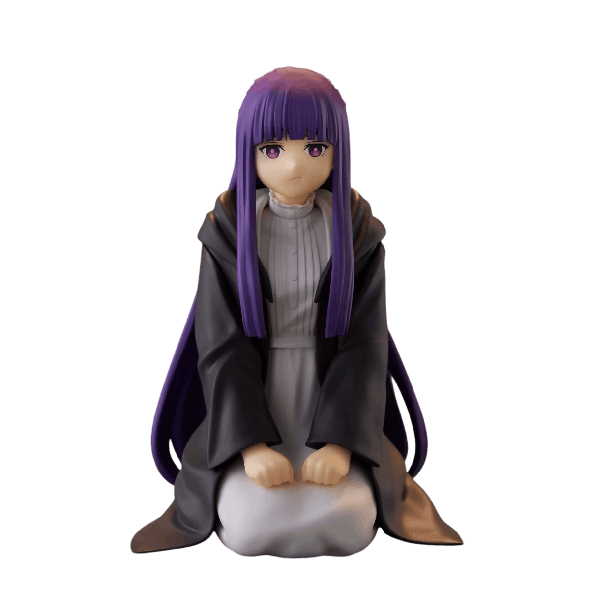 Fern figure 9.5 cm sitting back on her heels, purple hair and dark robe with a pale collar, eyes lowered