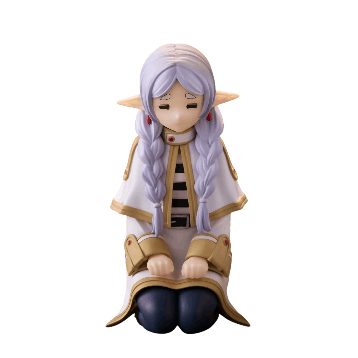 Frieren figure 9.5 cm sitting back on her heels, long silvery white braids, pointed ears and white cloak edged with gold