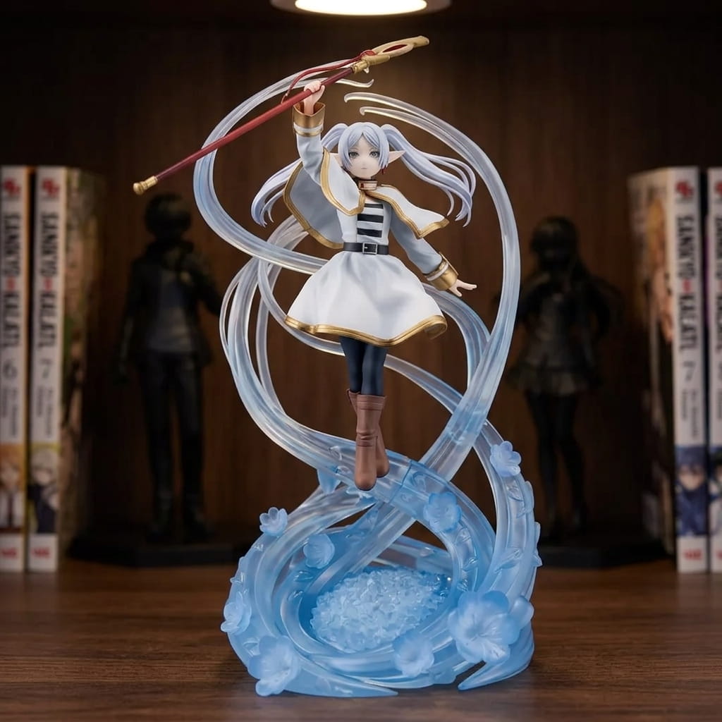 Frieren figure 27 cm with staff raised, surrounded by translucent blue water ribbons, on a basin base set with flowers and blue crystals, on a shelf (decor not included)