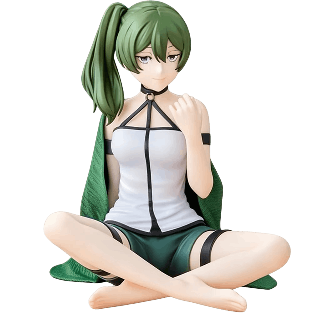 Figurine Übel Sousou no Frieren de face : assise en tailleur, haut blanc à lanières noires, short vert, plaid vert drapé dans le dos