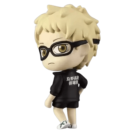 Figurine Haikyū chibi Kei Tsukishima assis avec ses lunettes - face
