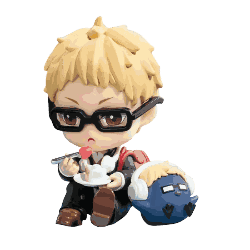 Figurine chibi Kei Tsukishima vue de face — cheveux blonds, air blasé — Haikyu, PVC peint