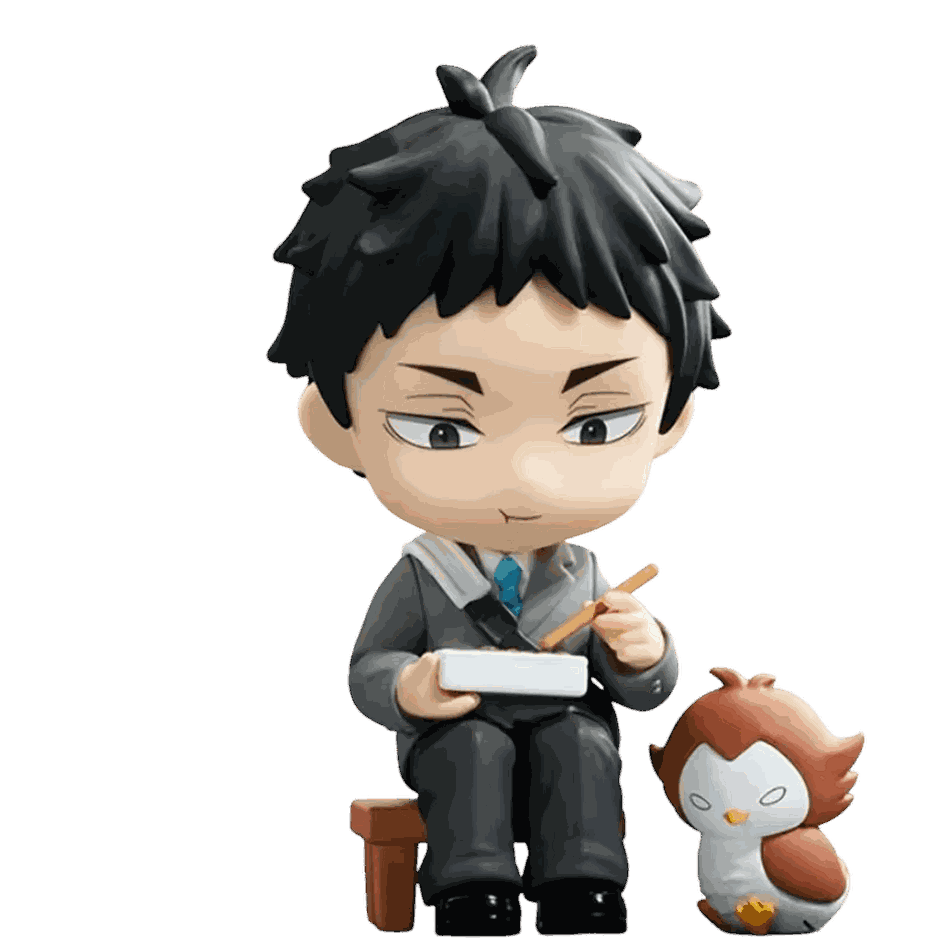Figurine chibi Keiji Akaashi vue de face — uniforme sombre, petite chouette à côté — Haikyu, PVC peint