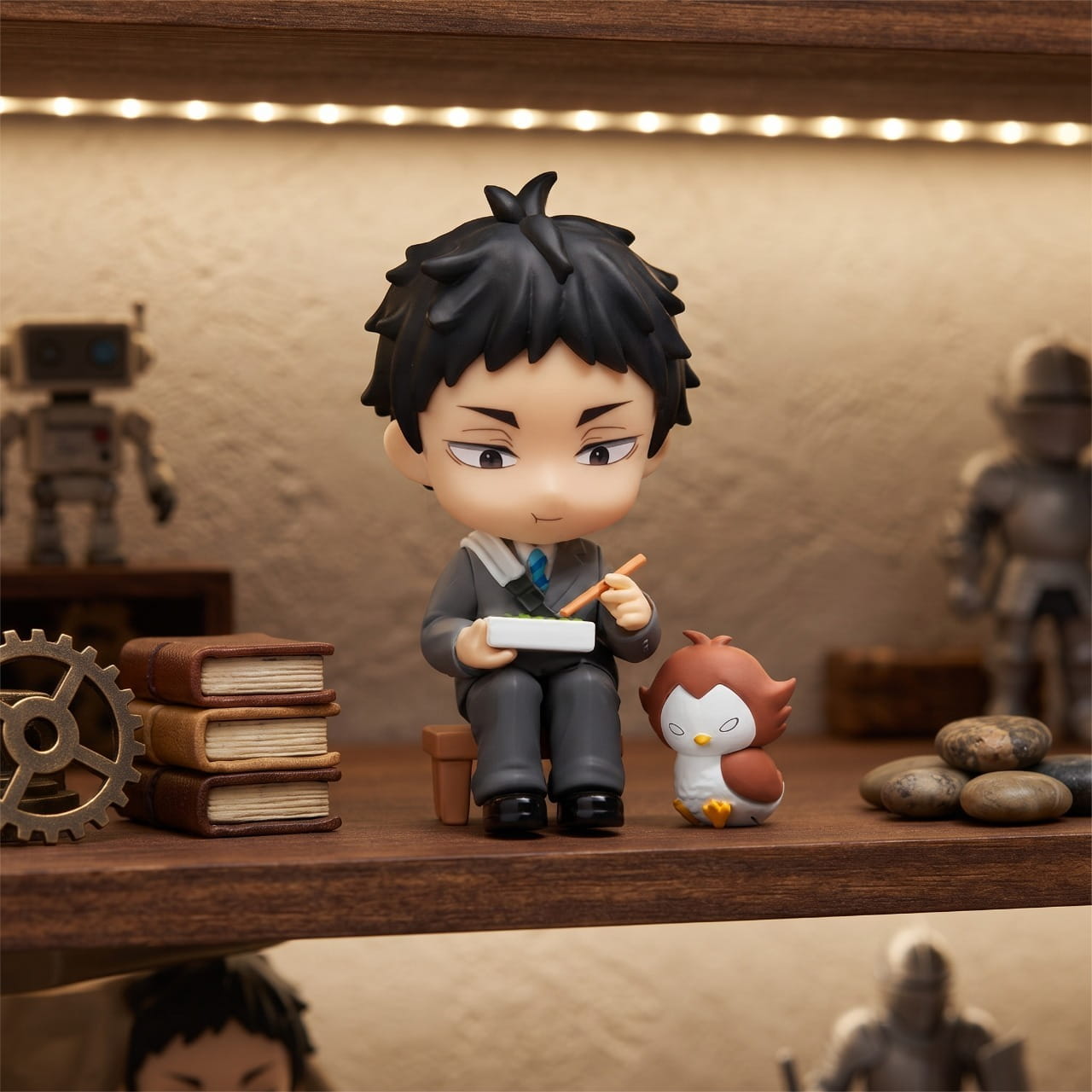 Figurine chibi Keiji Akaashi — cheveux noirs ondulés, plateau et baguettes — Haikyu, étagère (décor non inclus)