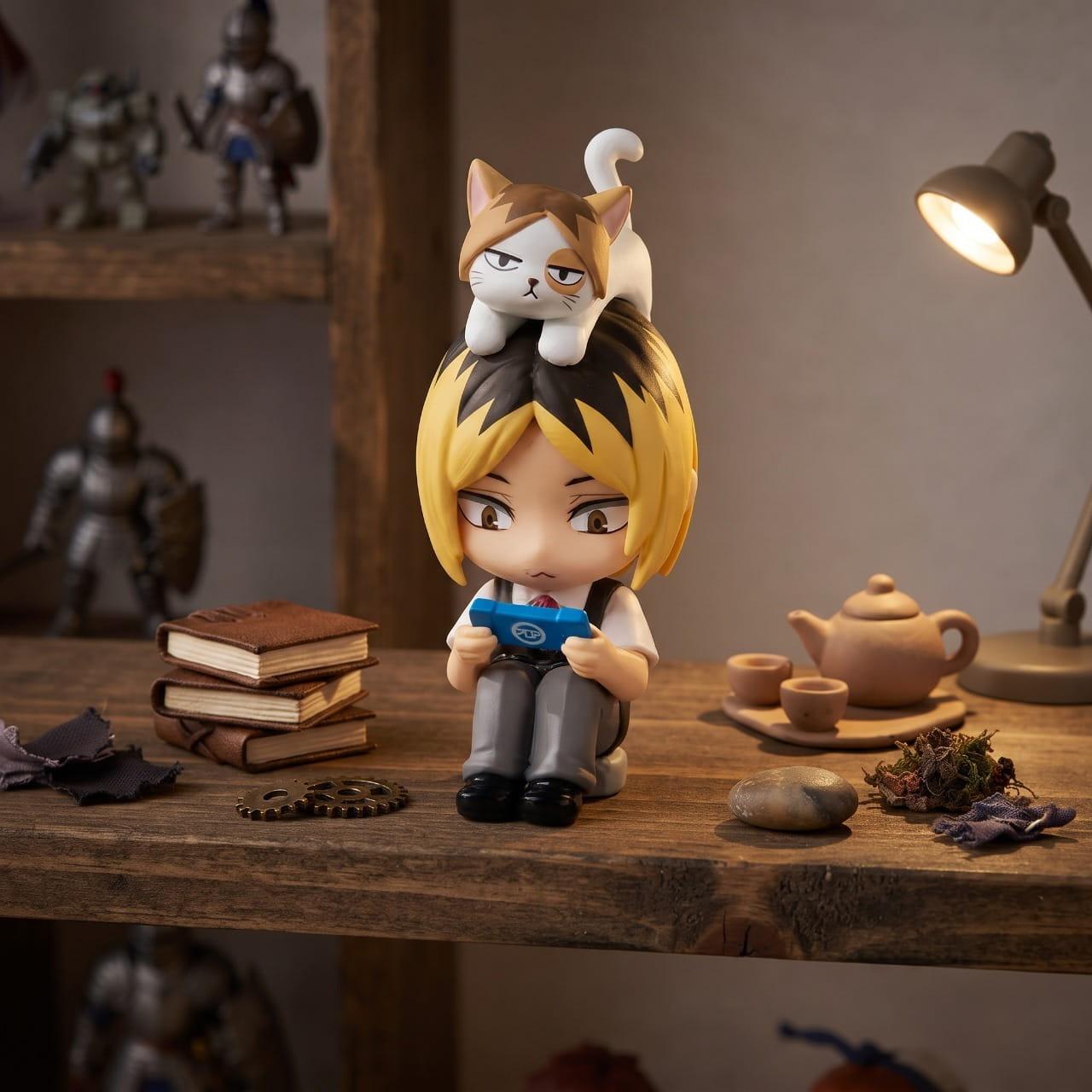 Figurine chibi Kenma Kozume — cheveux blonds aux racines noires — Haikyu, étagère (décor non inclus)