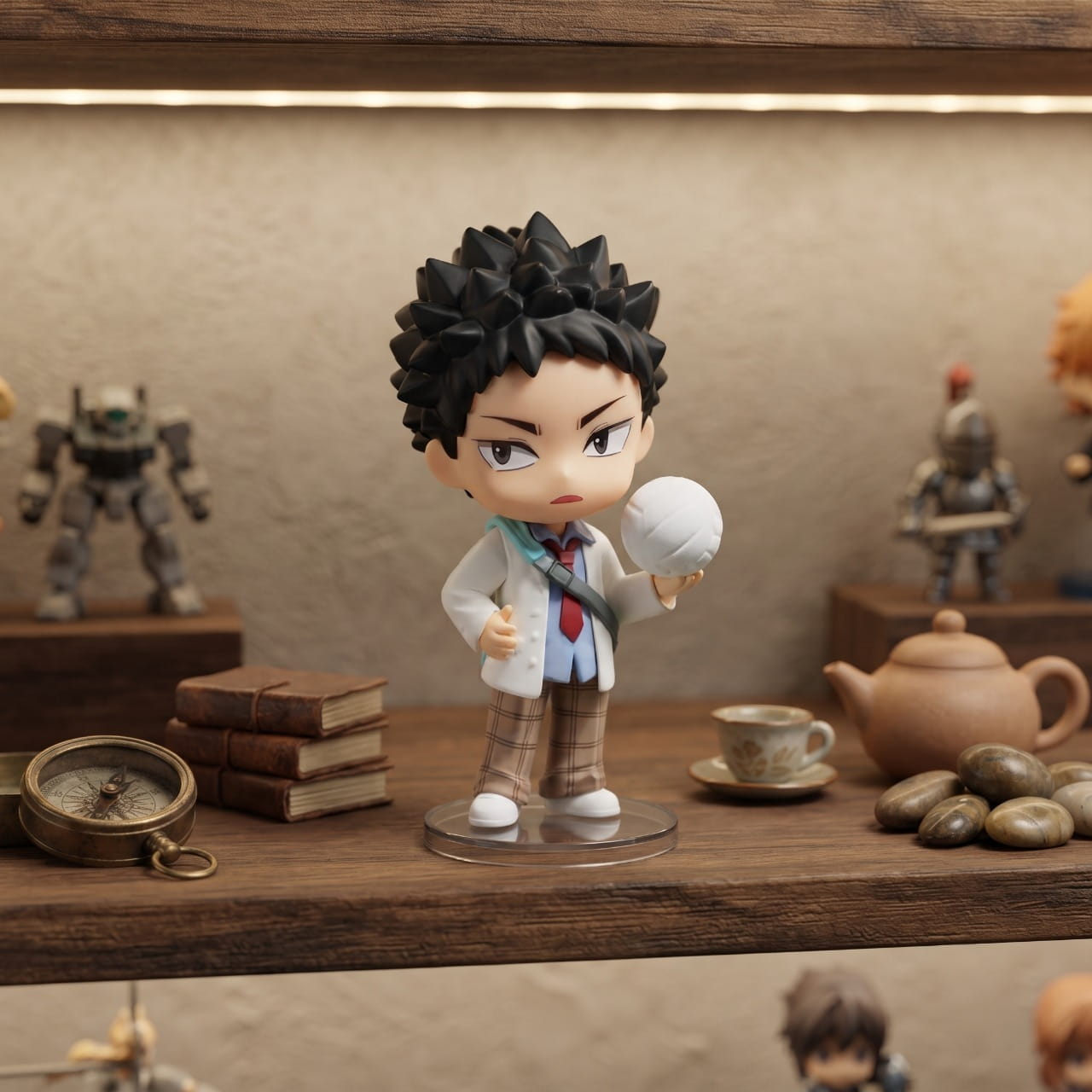 Figurine chibi Kiyoomi Sakusa — cheveux noirs bouclés, uniforme clair — Haikyu, étagère (décor non inclus)