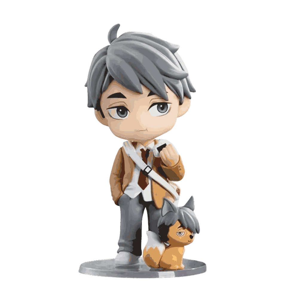 Figurine chibi Koshi Sugawara vue de face — veste beige, sourire calme — Haikyu, PVC peint
