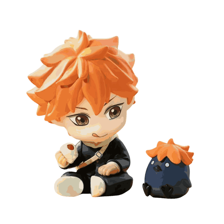 Figurine chibi Shoyo Hinata vue de face — uniforme scolaire noir, corbeau à ses pieds — Haikyu, PVC peint