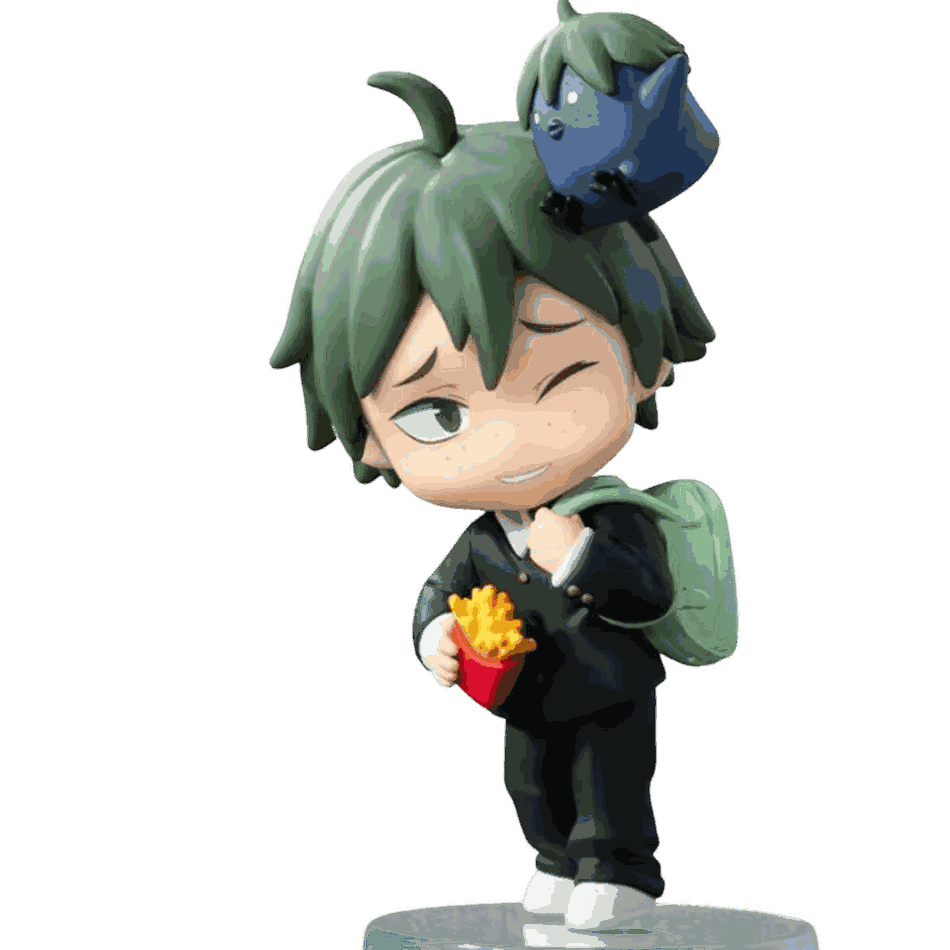 Figurine chibi Tadashi Yamaguchi vue de face — taches de rousseur, petit chat sur l'épaule — Haikyu, PVC peint