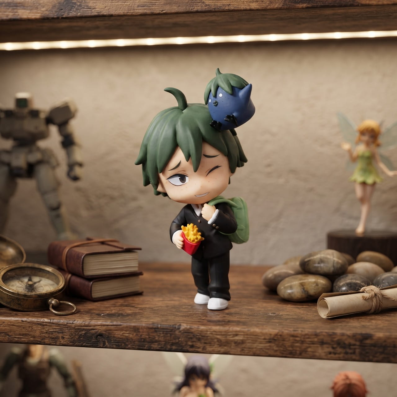 Figurine chibi Tadashi Yamaguchi — cheveux vert foncé, cornet de frites — Haikyu, étagère (décor non inclus)
