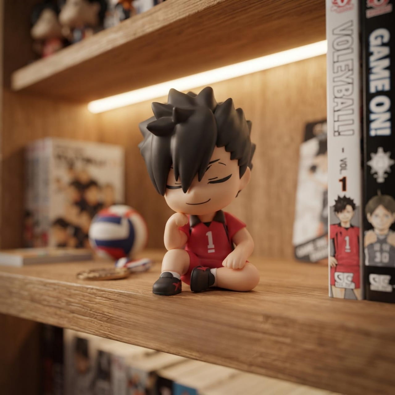 Figurine chibi Tetsurō Kuroo assis, exposée sur une étagère (décor non inclus)