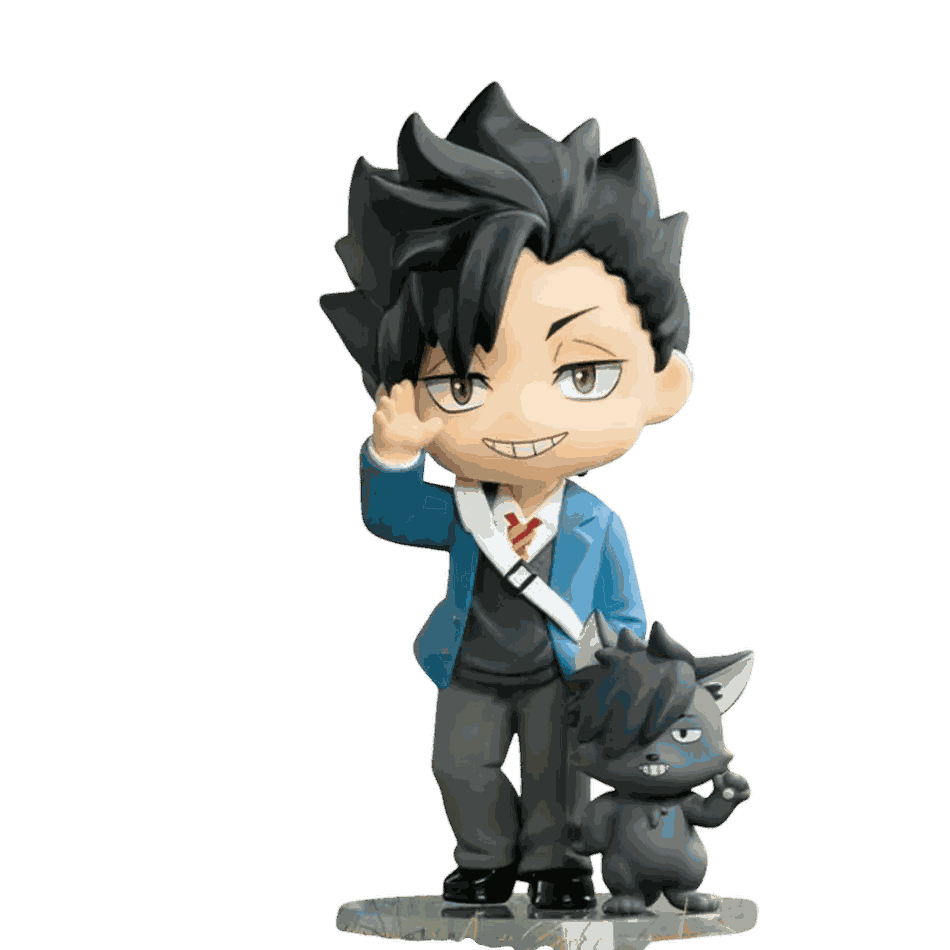 Figurine chibi Tetsuro Kuroo vue de face — blazer bleu, sourire narquois — Haikyu, PVC peint