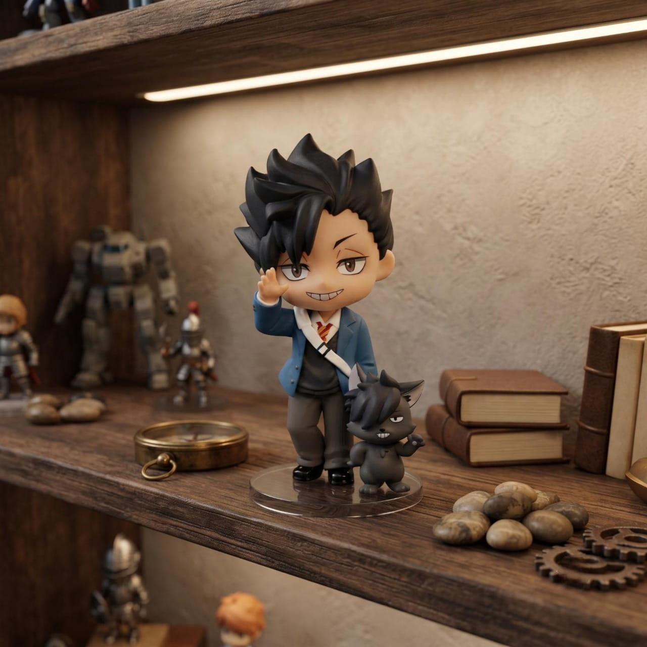 Figurine chibi Tetsuro Kuroo — mèches noires en bataille, chat noir à ses pieds — Haikyu, étagère (décor non inclus)