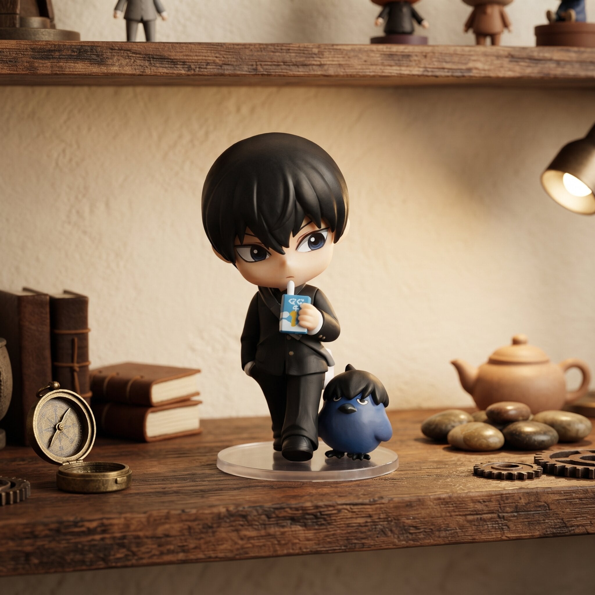 Figurine chibi Tobio Kageyama — uniforme noir, corbeau bleu à ses pieds — Haikyu, étagère (décor non inclus)