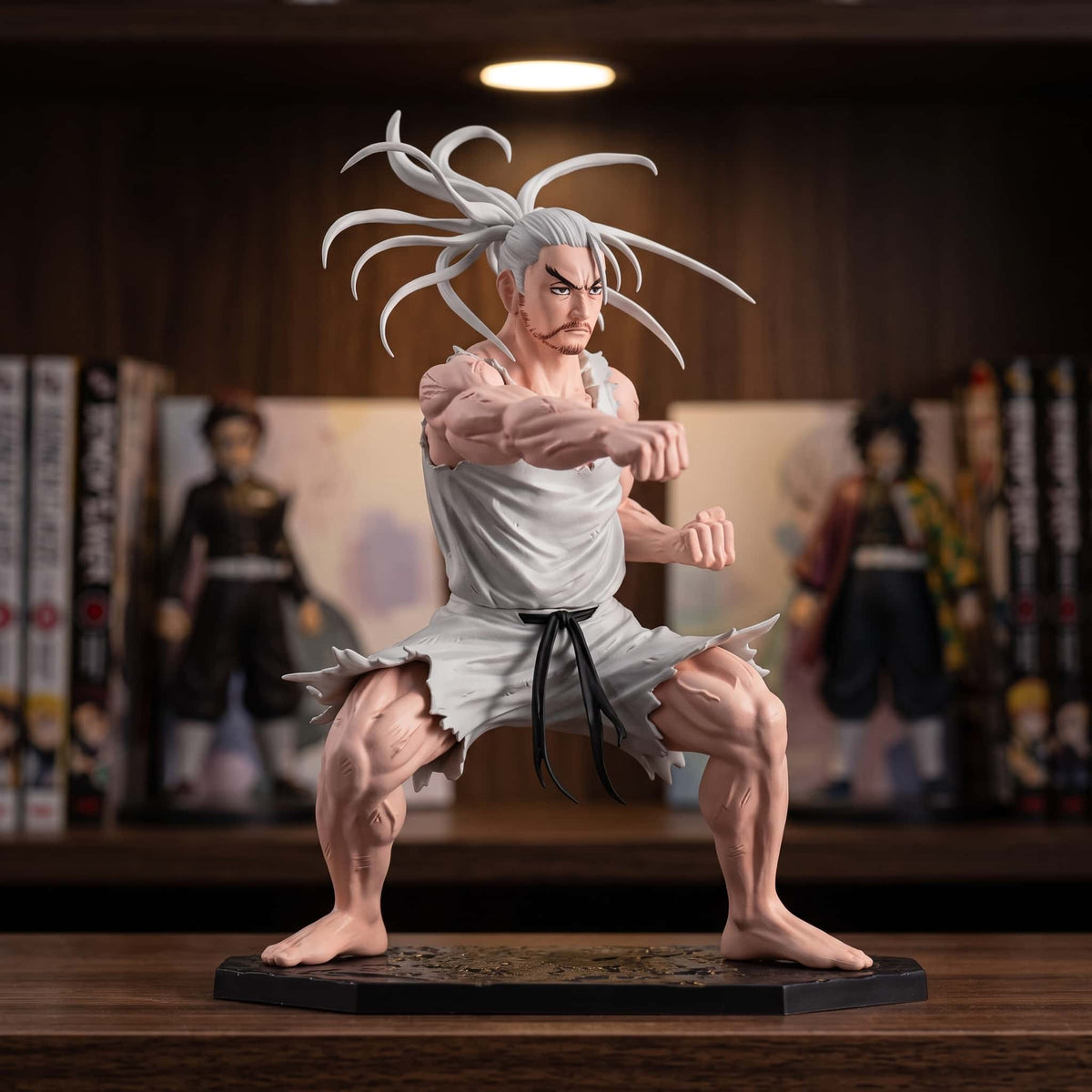Figurine d'Isaac Netero de Hunter x Hunter en position de combat : cheveux blancs en éventail, tunique et short blancs déchirés, ceinture noire, pieds nus, 14 cm posés sur une étagère en bois