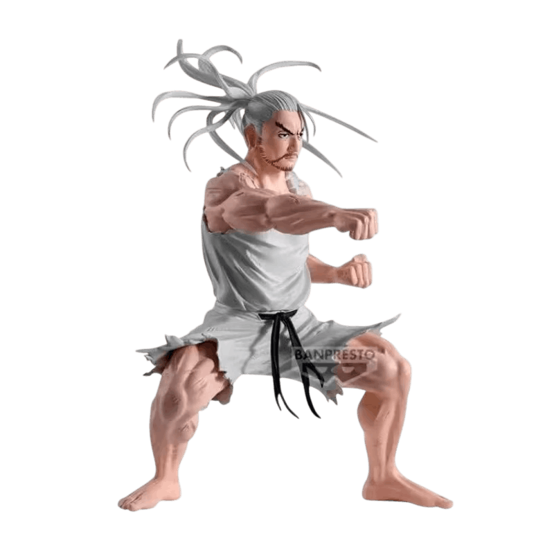 Figurine Isaac Netero détourée sur fond blanc, vue de trois quarts, poing droit tendu et chignon en pointes