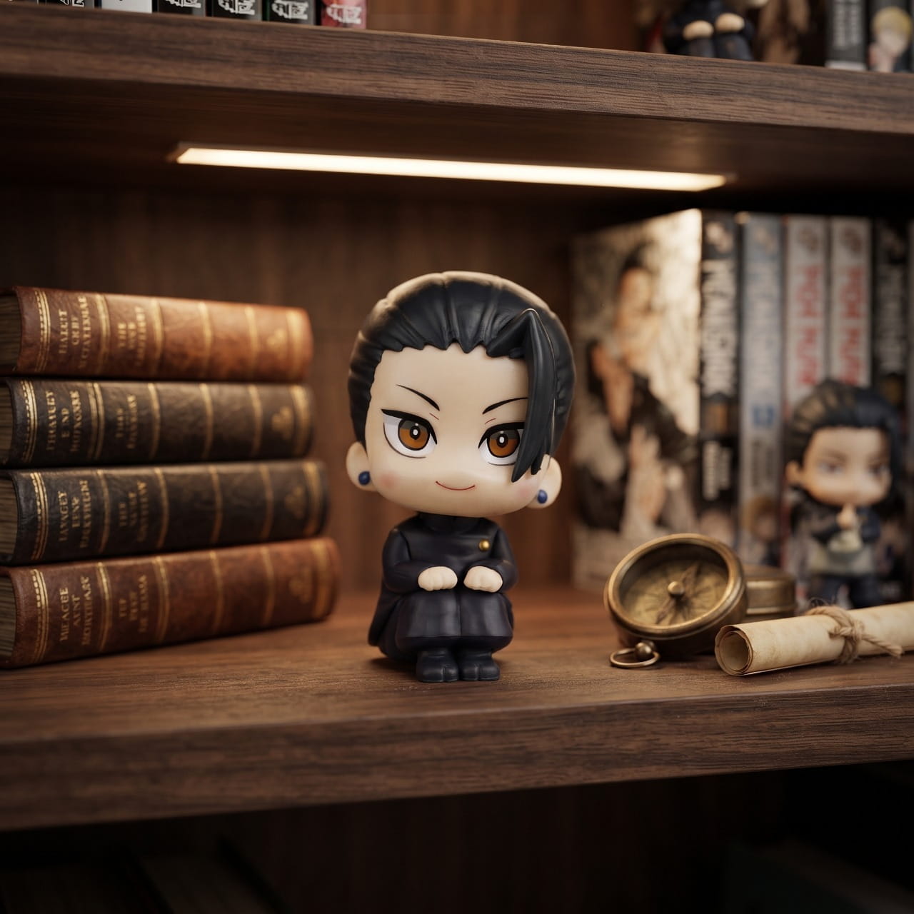 Figurine chibi Geto Suguru assis en tailleur, exposée sur une étagère (décor non inclus)