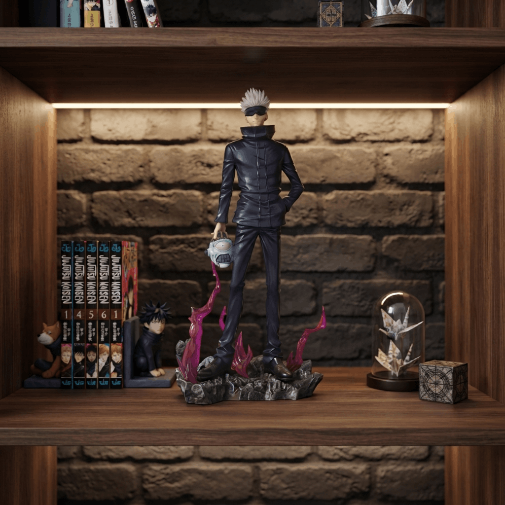 Figurine Gojo Satoru Jujutsu Kaisen exposée sur une étagère (décor non inclus)