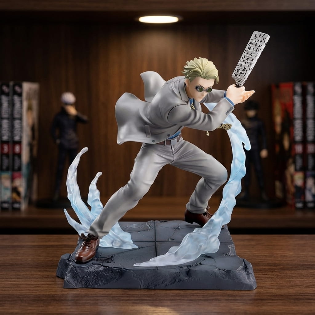 Jujutsu Kaisen Nanami figure 17 cm in a grey suit, blunt blade raised and translucent blue ribbon of energy, on a base of grey slabs, on a shelf (decor not included)