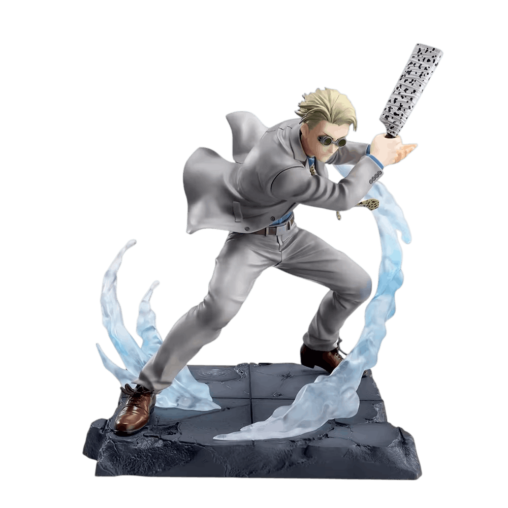 Jujutsu Kaisen Nanami figure 17 cm three-quarter view: open suit jacket snapping and blue ribbon of energy rising from the slab base