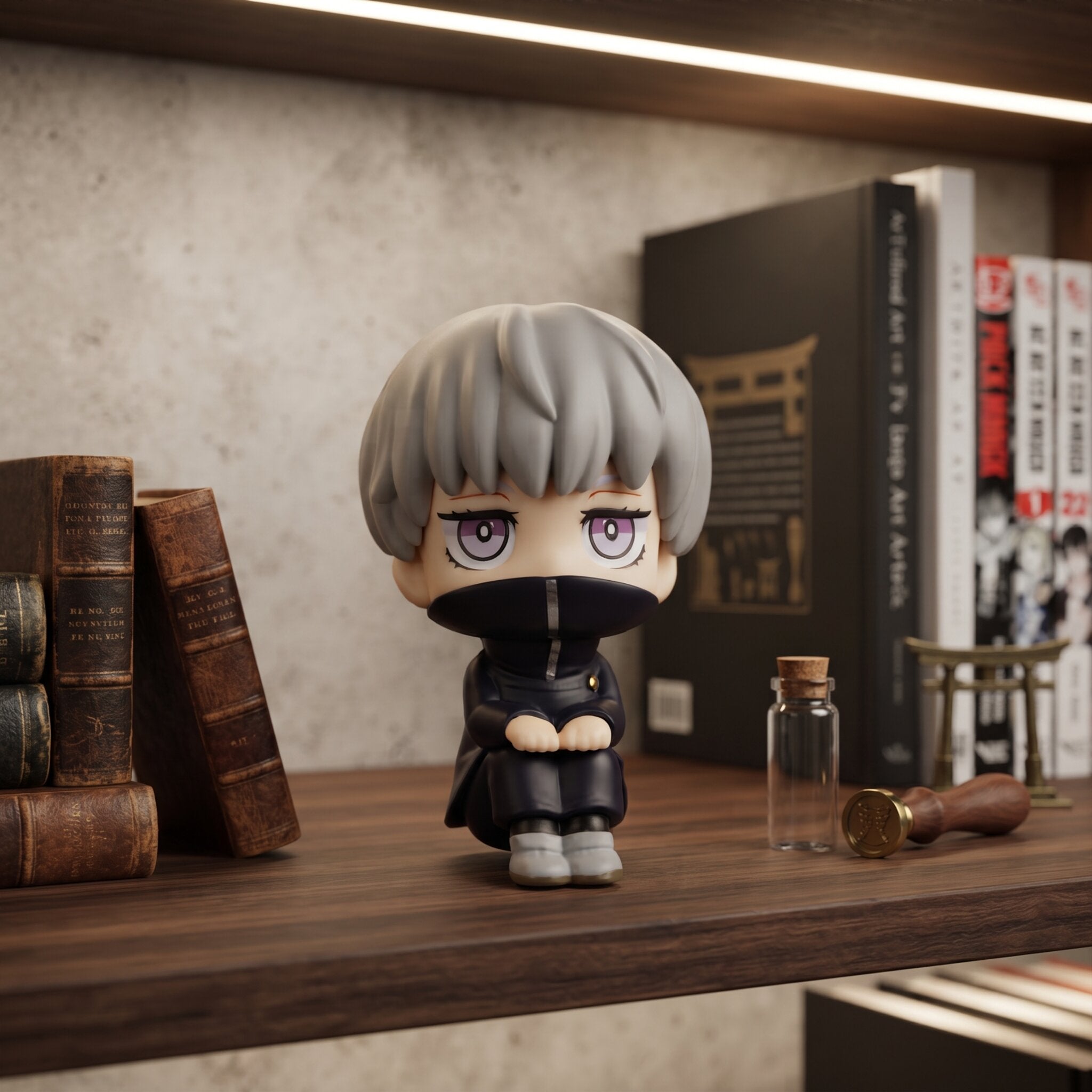 Figurine chibi Toge Inumaki assis en tailleur, exposée sur une étagère (décor non inclus)