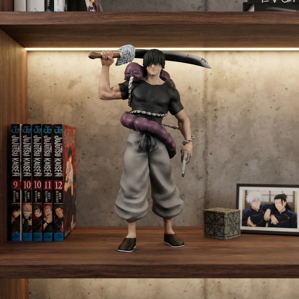 Figurine Toji Fushiguro Jujutsu Kaisen exposée sur une étagère avec des mangas (décor non inclus)