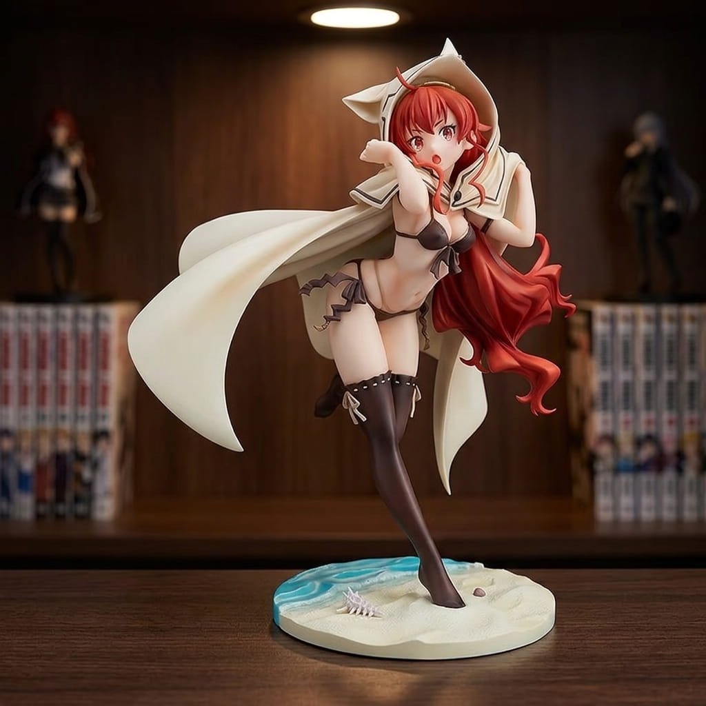 Mushoku Tensei Eris figure 25 cm in a great white cloak with an eared hood, on a beach base with pale sand and turquoise water, on a shelf (decor not included)