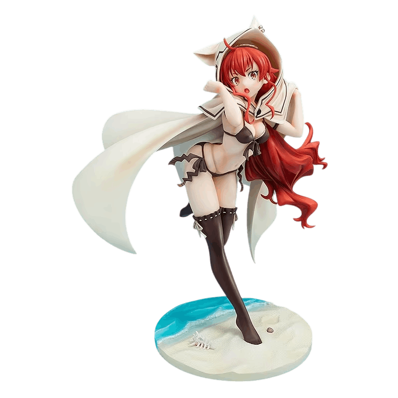Mushoku Tensei Eris figure 25 cm three-quarter view: the white cloak opens wide to the side above the base of sand and shells