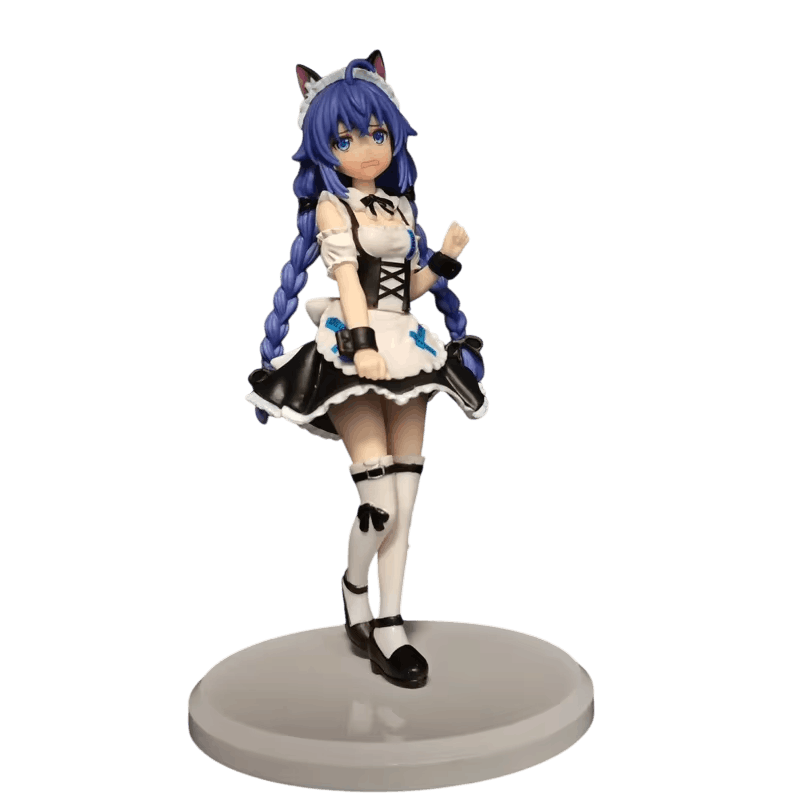 Figurine Mushoku Tensei Roxy 20 cm de face : poing serré, robe noire à laçage, manches bouffantes blanches, bas à nœuds noirs et escarpins à bride