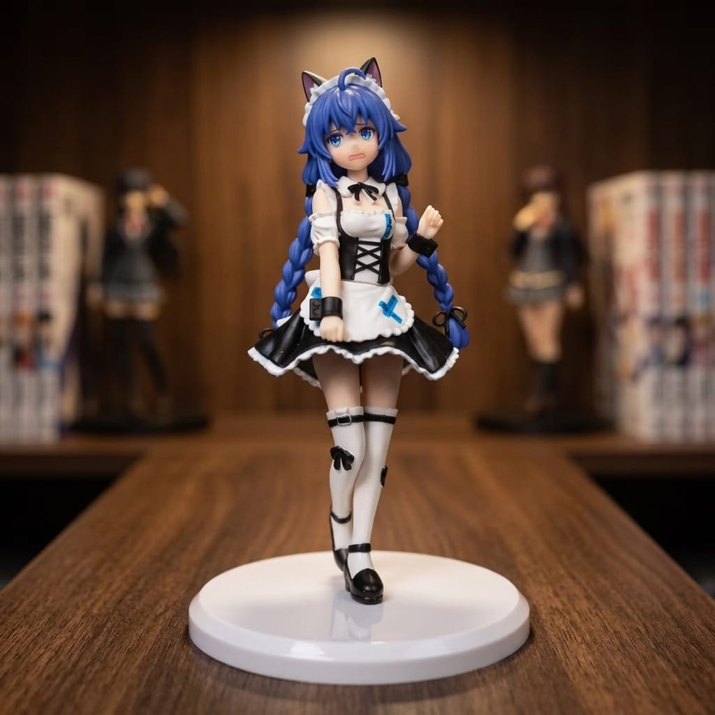 Mushoku Tensei Roxy figure 20 cm, blue braids to mid-thigh, headband with cat ears and a white apron with a blue cross, on an oval white base, on a shelf (decor not included)