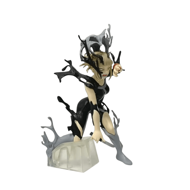 Figurine Himiko Toga vue de trois quarts, sourire ouvert et volutes grises servant d'appui