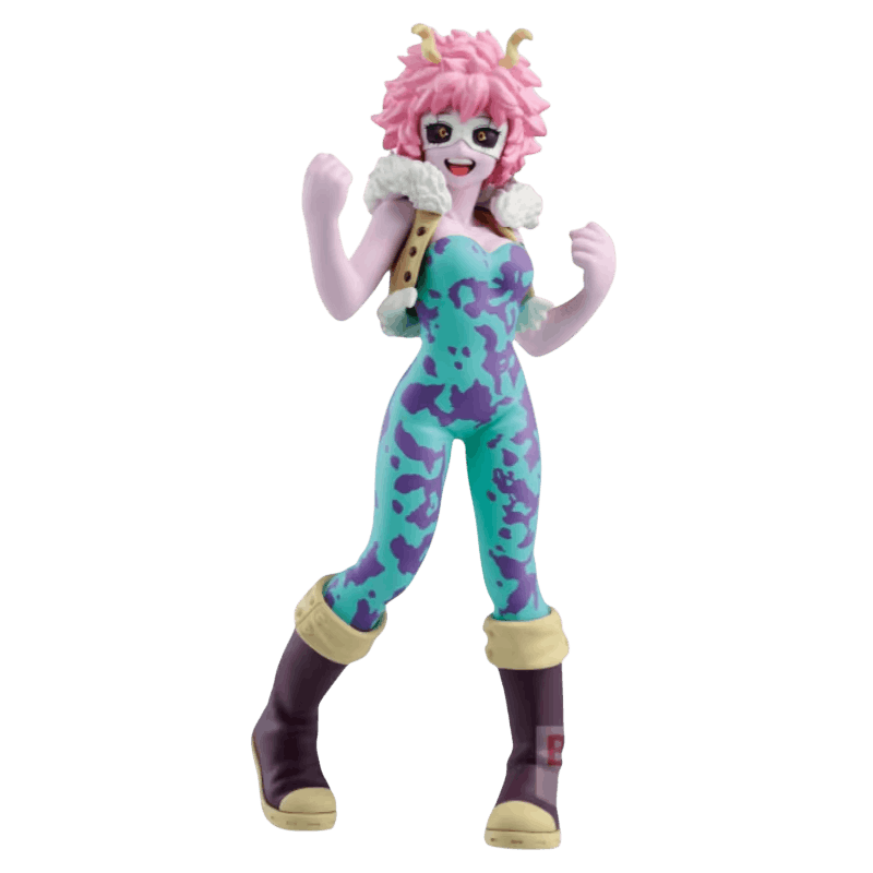 Figurine Mina Ashido vue de trois quarts, col en fourrure blanche et bottes violettes à revers