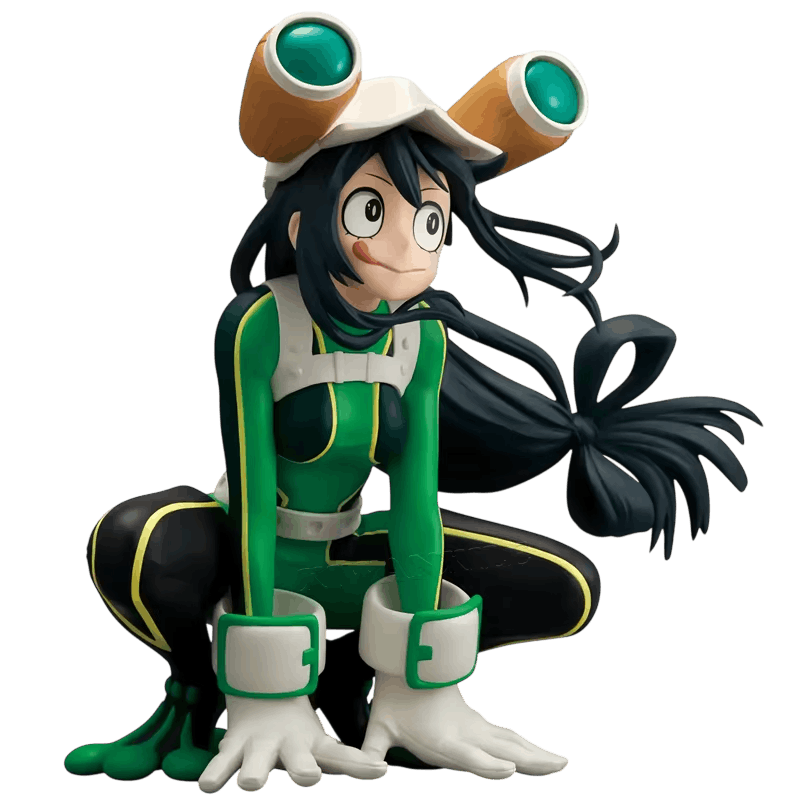 Figurine Tsuyu Asui accroupie vue de trois quarts, longues mèches noires projetées en arrière