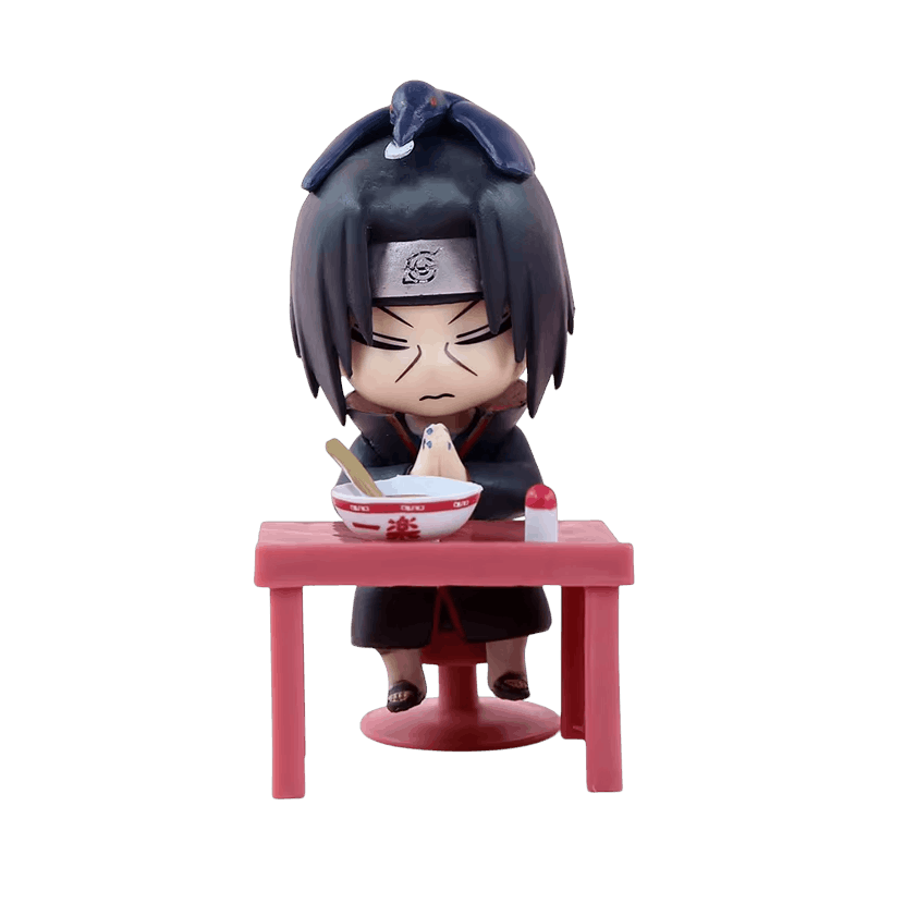 Figurine chibi Itachi Uchiha attablé devant un bol de ramen - face