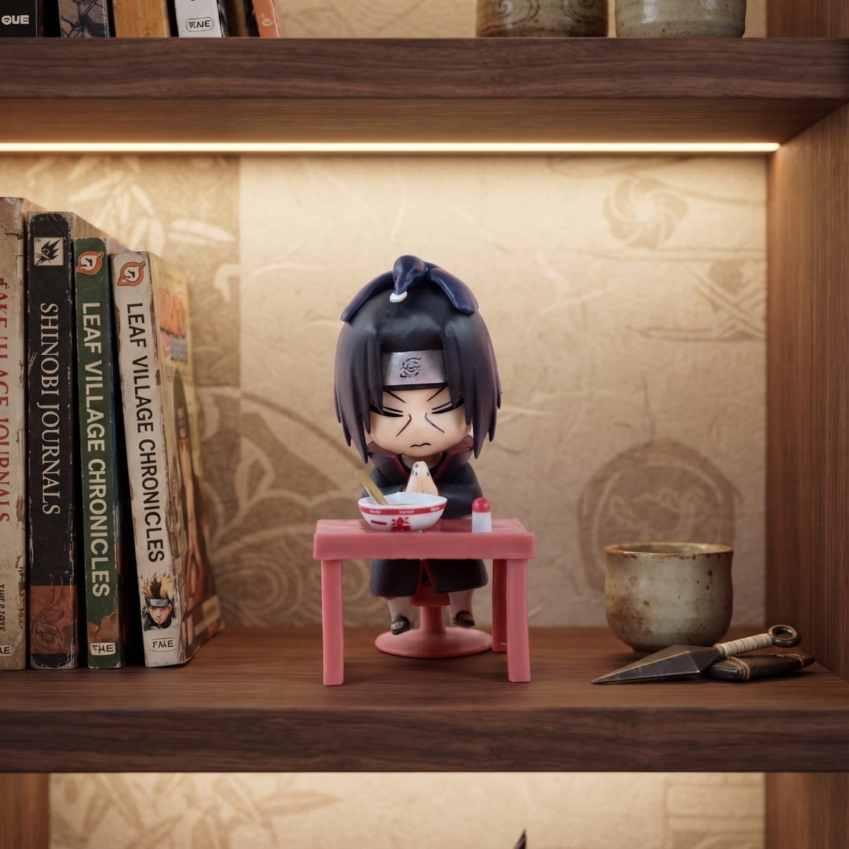 Figurine chibi Itachi Uchiha exposée sur une étagère (décor non inclus)