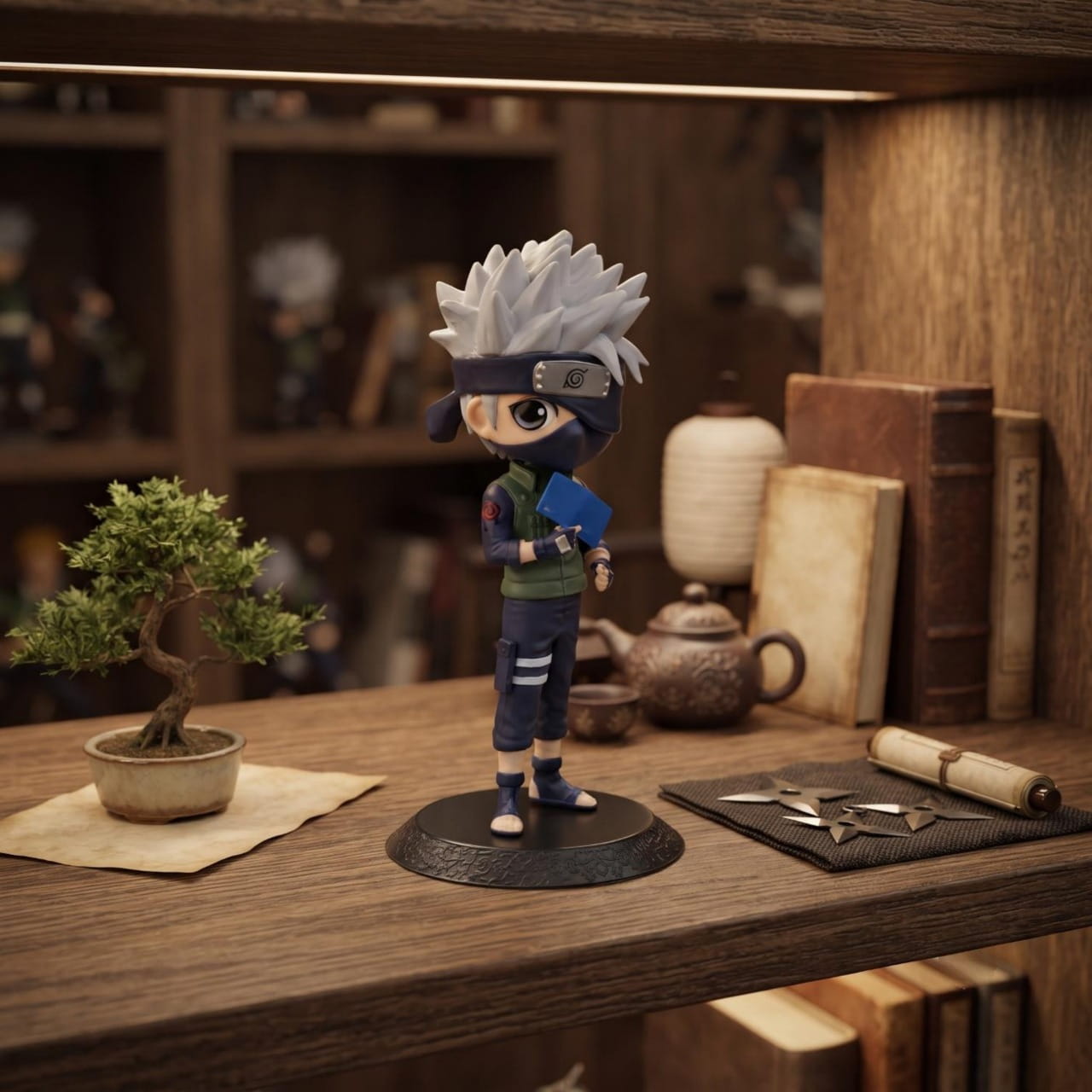 Figurine Kakashi Hatake avec son livre, exposée sur une étagère (décor non inclus)