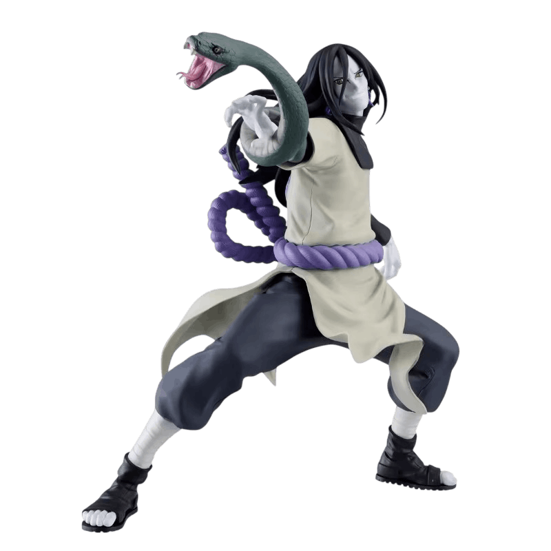 Figurine Orochimaru Naruto de face : garde basse, serpent vert enroulé autour du bras, corde violette à la taille