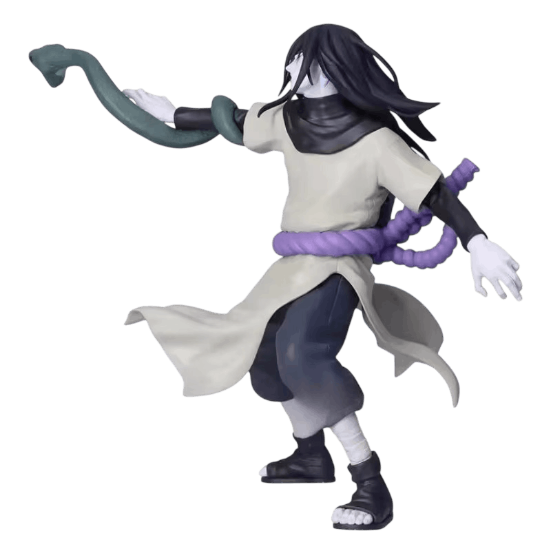 Figurine Orochimaru Naruto de profil : bras tendu, serpent enroulé autour de l'avant-bras, pans de tunique beige au vent