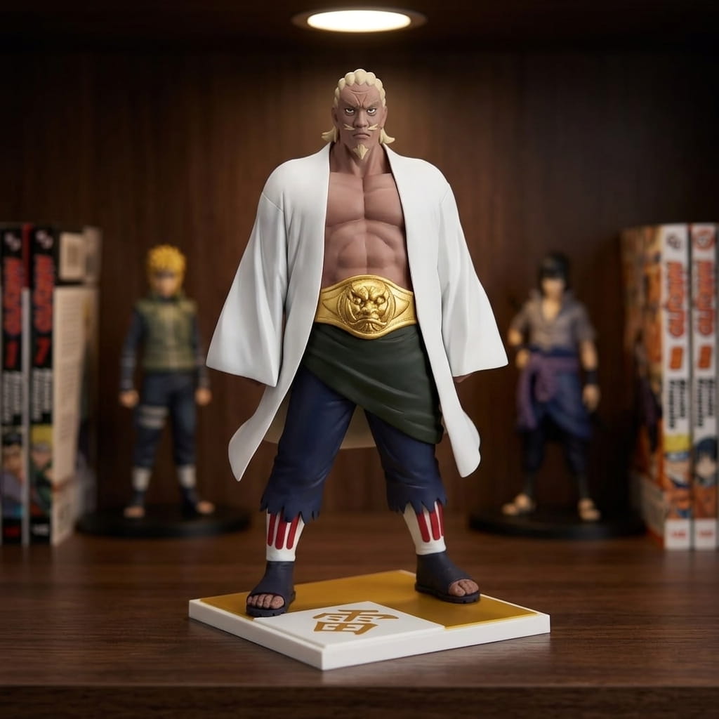 Naruto Fourth Raikage figure 20 cm, bare-chested under a white haori, gold belt with a beast's head and square white and gold base, on a shelf (decor not included)