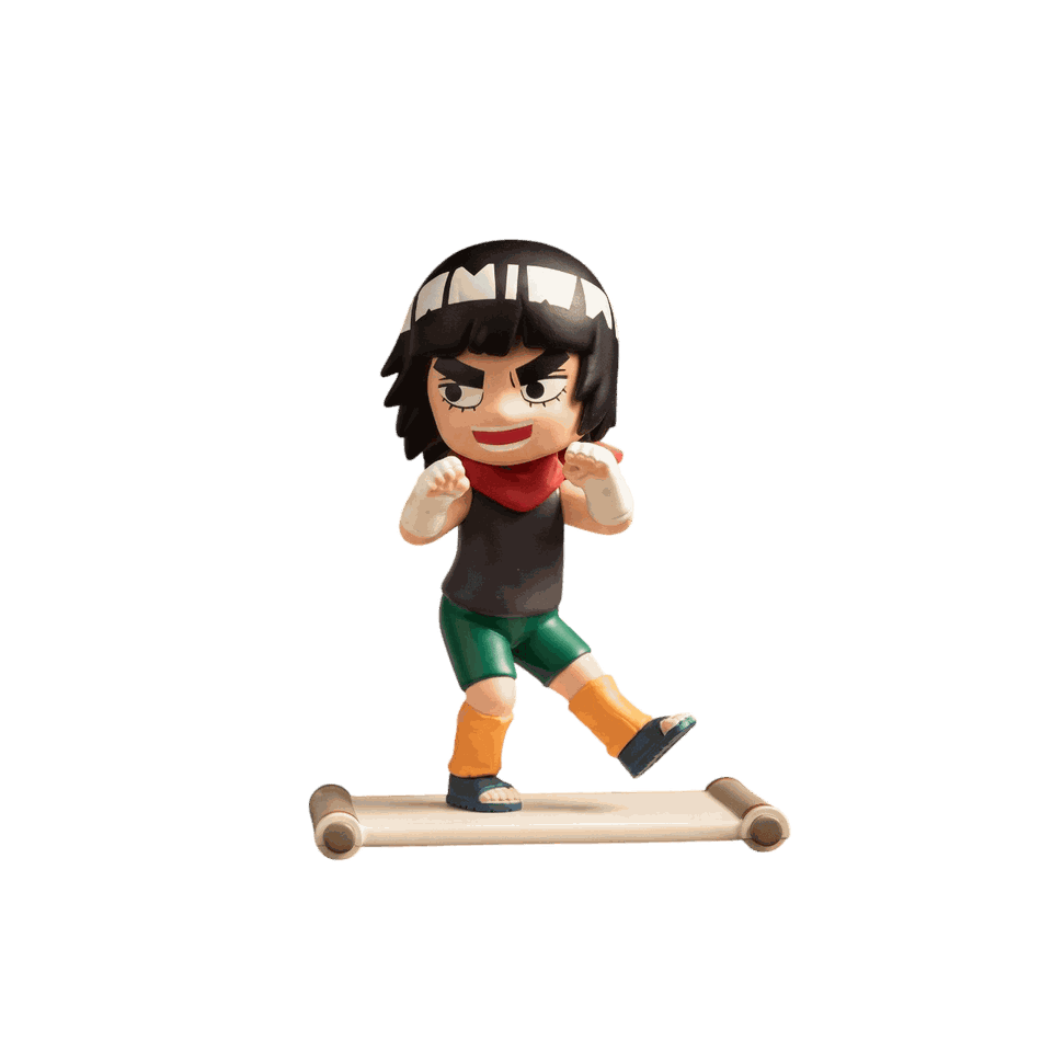 Figurine chibi Rock Lee vue de face — protège-tibias orange, poing serré en pleine foulée — Naruto, PVC peint