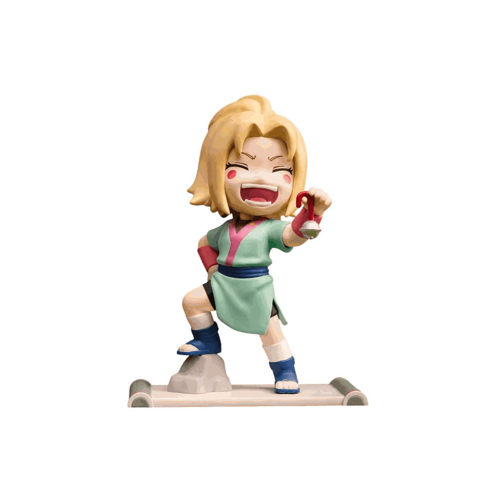 Figurine chibi Tsunade vue de face — coupe blonde en couettes basses, rire franc — Naruto, PVC peint