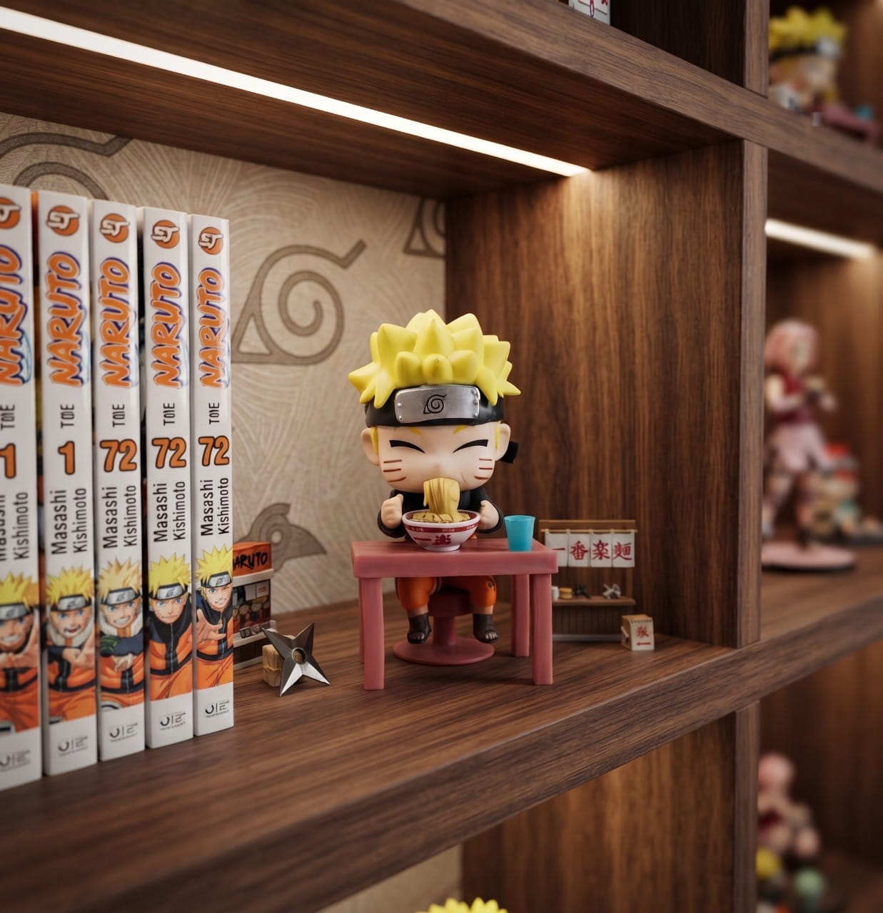 Figurine chibi Naruto Uzumaki exposée sur une étagère (décor non inclus)