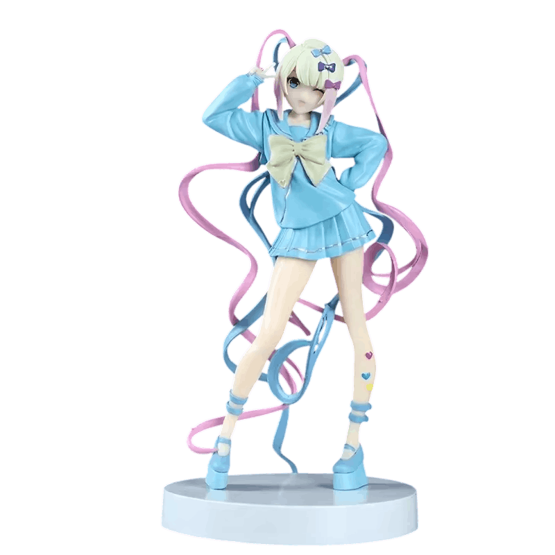 Figurine KAngel Needy Streamer Overload 17 cm de face : haut bleu à col marin, gros nœud crème, jupe plissée et socle rond blanc